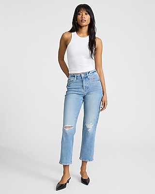 High Waisted Light Wash Ripped Straight Ankle Jeans