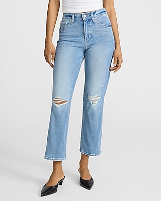 High Waisted Light Wash Ripped Straight Ankle Jeans