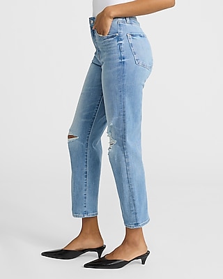 High Waisted Light Wash Ripped Straight Ankle Jeans