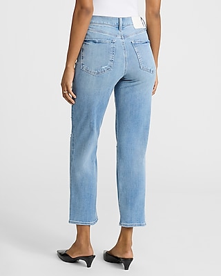 High Waisted Light Wash Ripped Straight Ankle Jeans