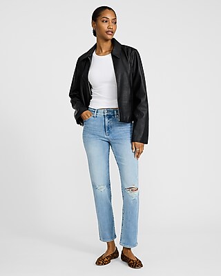 High Waisted Light Wash Ripped Straight Ankle Jeans