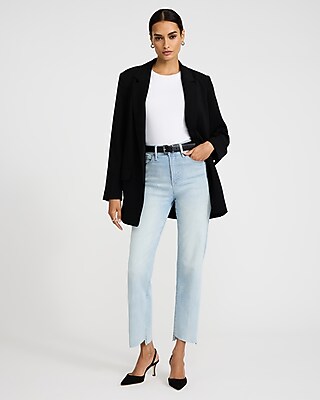 High Waisted Light Wash Raw Hem Straight Ankle Jeans