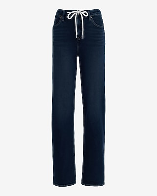 High Waisted Dark Wash Relaxed Straight Drawstring Jeans