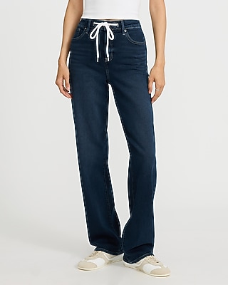 High Waisted Dark Wash Relaxed Straight Drawstring Jeans | Express