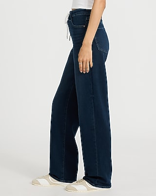 High Waisted Dark Wash Relaxed Straight Drawstring Jeans