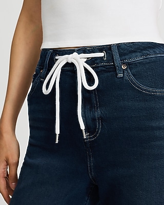 High Waisted Dark Wash Relaxed Straight Drawstring Jeans
