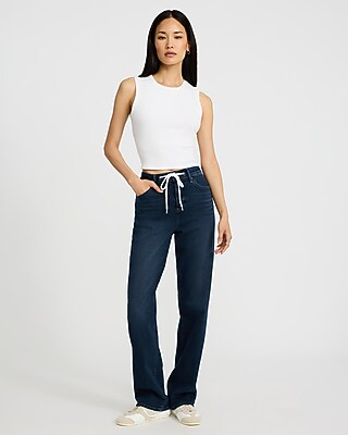 High Waisted Dark Wash Relaxed Straight Drawstring Jeans