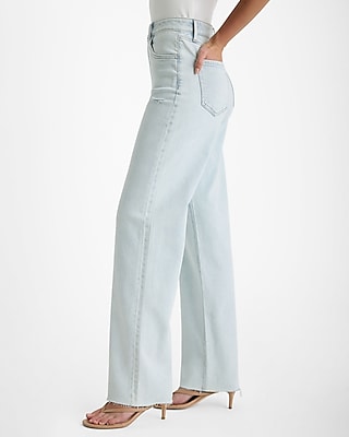 High Waisted Light Wash Ripped Raw Hem Relaxed Straight Jeans