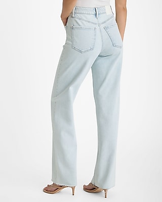 High Waisted Light Wash Ripped Raw Hem Relaxed Straight Jeans