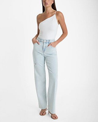 High Waisted Light Wash Ripped Raw Hem Relaxed Straight Jeans