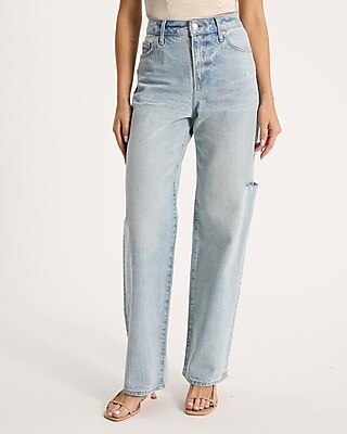 High Waisted Light Wash Ripped 50/50 Rigid Stretch Relaxed Straight Jeans