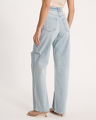 High Waisted Light Wash Ripped 50/50 Rigid Stretch Relaxed Straight Jeans