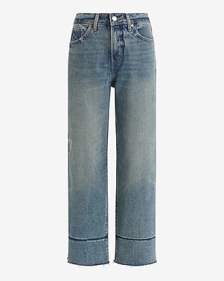 High Waisted Light Wash Tall Hem Relaxed Straight Ankle Jeans