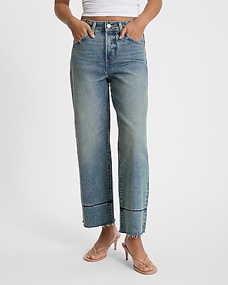 High Waisted Light Wash Tall Hem Relaxed Straight Ankle Jeans