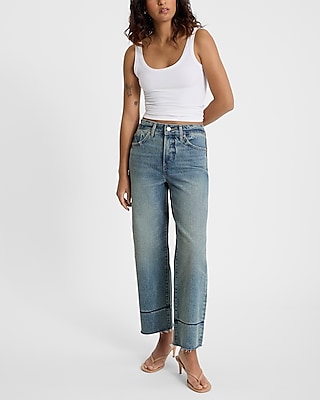 High Waisted Light Wash Tall Hem Relaxed Straight Ankle Jeans