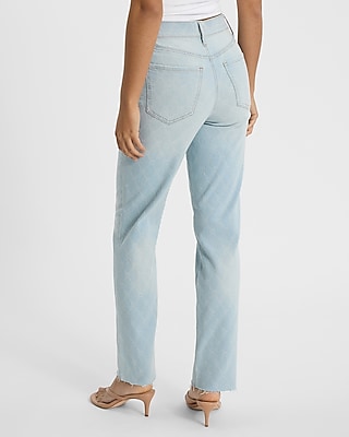 High Waisted Pattern Light Wash Straight Jeans