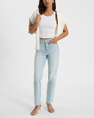 High Waisted Pattern Light Wash Straight Jeans