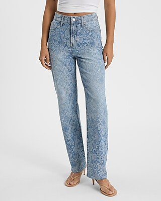 High Waisted Snakeskin Light Wash Straight Jeans