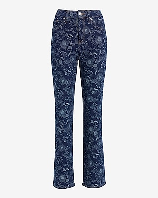 High Waisted Floral Dark Wash Straight Jeans