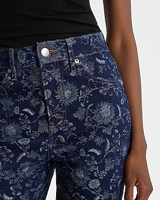 High Waisted Floral Dark Wash Straight Jeans