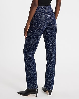 High Waisted Floral Dark Wash Straight Jeans