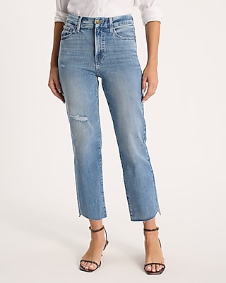 High Waisted Light Wash FlexX Ripped Raw Hem Straight Ankle Jeans