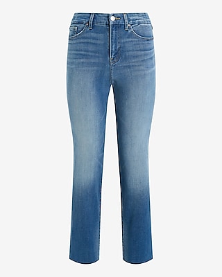 High Waisted Medium Wash FlexX Raw Hem Straight Ankle Jeans