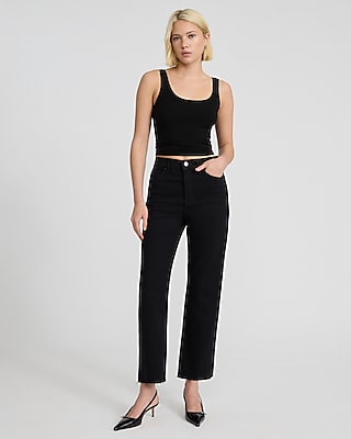 High Waisted Stay Black Raw Hem Straight Ankle Jeans