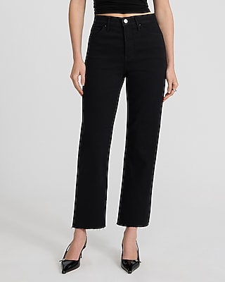 High Waisted Stay Black Raw Hem Straight Ankle Jeans