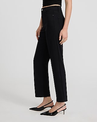 High Waisted Stay Black Raw Hem Straight Ankle Jeans