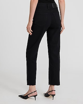 High Waisted Stay Black Raw Hem Straight Ankle Jeans