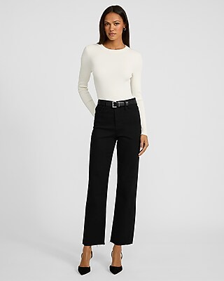 High Waisted Stay Black Raw Hem Straight Ankle Jeans