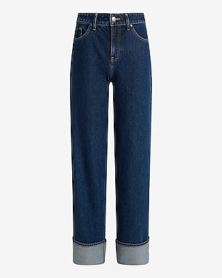 High Waisted Medium Wash Cuffed Hem Relaxed Straight Jeans