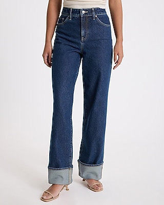 High Waisted Dark Wash Cuffed Hem Relaxed Straight Jeans