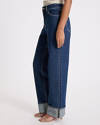 High Waisted Medium Wash Cuffed Hem Relaxed Straight Jeans