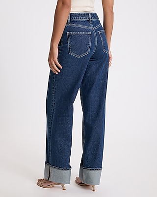 High Waisted Medium Wash Cuffed Hem Relaxed Straight Jeans