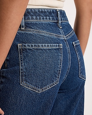 High Waisted Medium Wash Cuffed Hem Relaxed Straight Jeans