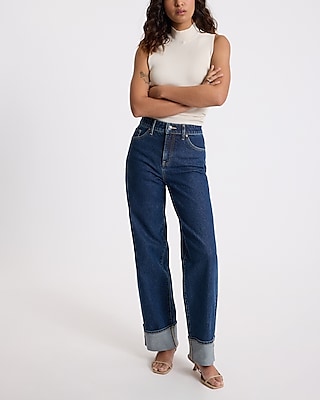 High Waisted Medium Wash Cuffed Hem Relaxed Straight Jeans