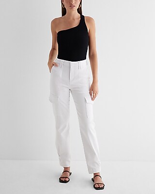 High Waisted White Cargo Cinched Hem Straight Jeans - image 2