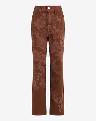 High Waisted Floral Brown Straight Jeans