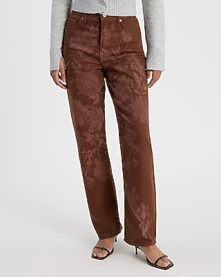 High Waisted Floral Brown Straight Jeans