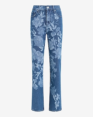 High Waisted Floral Medium Wash Straight Jeans