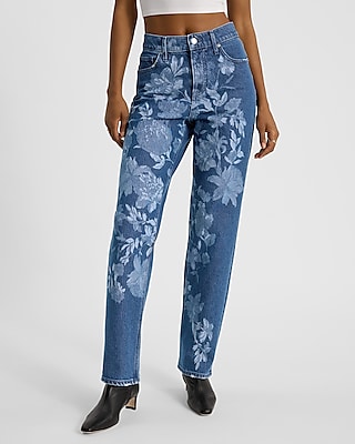 High Waisted Floral Medium Wash Straight Jeans