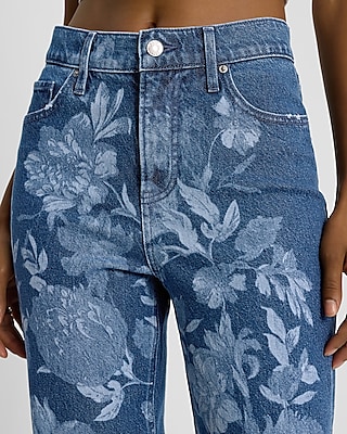 High Waisted Floral Medium Wash Straight Jeans