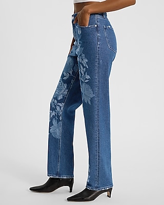 High Waisted Floral Medium Wash Straight Jeans