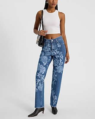 High Waisted Floral Medium Wash Straight Jeans