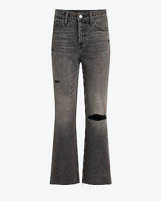 High Waisted Gray Wash Ripped 50/50 Rigid Stretch Straight Ankle Jeans