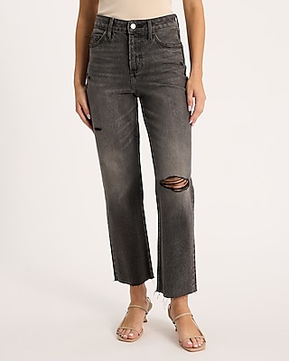 High Waisted Gray Wash Ripped 50/50 Rigid Stretch Straight Ankle Jeans