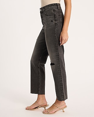 High Waisted Gray Wash Ripped 50/50 Rigid Stretch Straight Ankle Jeans