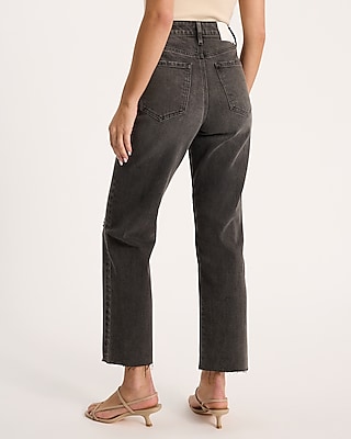 High Waisted Gray Wash Ripped 50/50 Rigid Stretch Straight Ankle Jeans